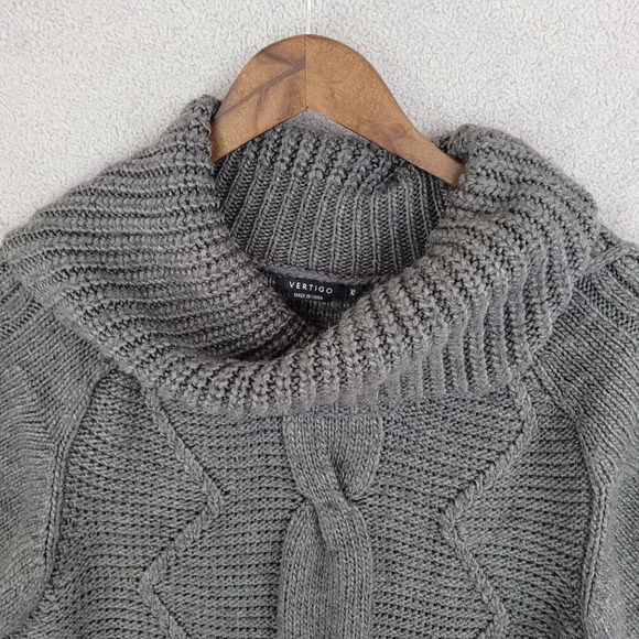Vertigo XL Sweater Wool Blend Gray Cable Knit Cowl Neck Fringe Hem Women's  12CT - Picture 7 of 8